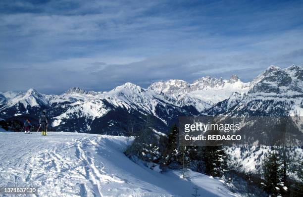 Skiers. Val Badia. Dolomiti mountain. Trentino Alto Adige. Italy.