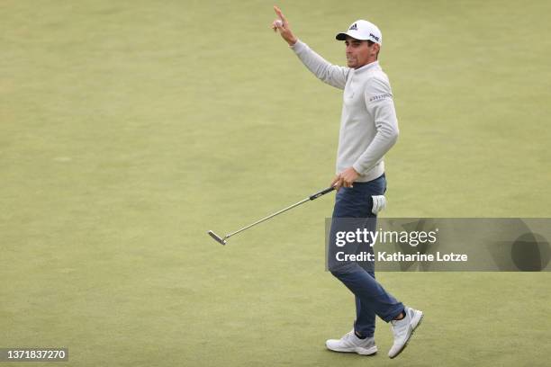 Joaquín Niemann of Chile celebrates winning on the 18th green during the final round of The Genesis Invitational at Riviera Country Club on February...