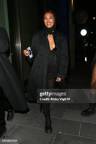 Joy Crookes attends an event to celebrate the Maximilian Autumn/Winter 2022 collection in The Green Room at The Londoner Hotel during London Fashion...