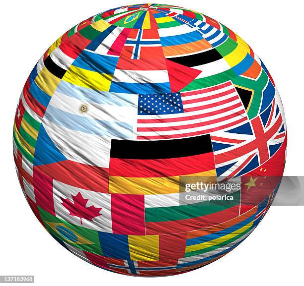 a world globe of the countries flags - vlag planten stockfoto's en -beelden