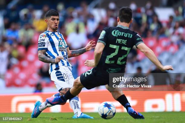 Victor Guzman of Pachuca scores his team’s third goal against Jorge Mere of America during the 6th round match between America and Pachuca as part of...