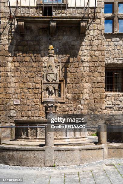 Piazza Roma square. Fountain in Fuso. Medieval quarter. Historic center. Vitorchiano village. Lazio. Italy. Europe.