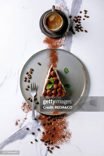 Slice of homemade gluten free tiramisu traditional italian dessert sprinkled with cocoa powder decorated with coffee. Mint leaves and coffee beans...