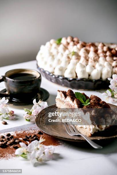 Slice of homemade gluten free tiramisu traditional italian dessert sprinkled with cocoa powder decorated with blooming apple tree. Coffee. Mint...