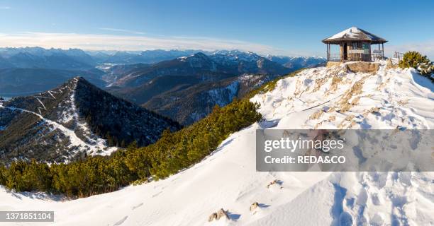 View towards the summit pavillion. View from Mt. Herzogstand near lake Walchensee. Europe. Germany. Bavaria.