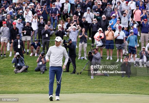 Joaquín Niemann of Chile celebrates his win on the 18th green during the final round of The Genesis Invitational at Riviera Country Club on February...