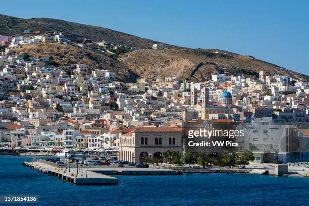 View of Ermoupoli, the capital of the South Aegean region. Ermoupoli, Siros Island, Cyclades Islands, Greece..