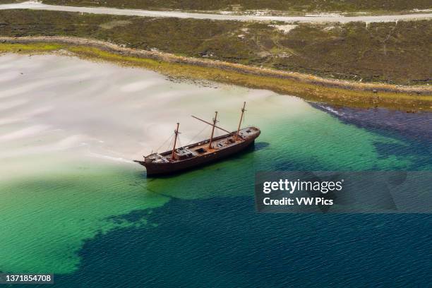 Aerial view of the wreck of the British ship Lady Elizabeth. Stanley, Falkland Islands.