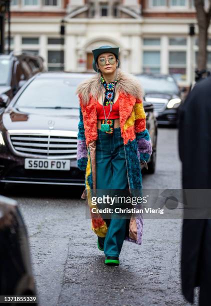 Guest is seen wearing blue cowboy hat outside 16Arlington during London Fashion Week February 2022 on February 20, 2022 in London, England.