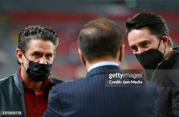 Alejandro Irarragorri and Yon de Luisa talk prior to the 6th round match between Atlas and Pumas UNAM as part of the Torneo Grita Mexico C22 Liga MX...