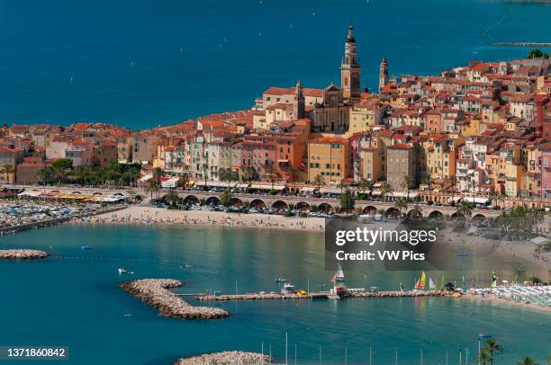 High angle view of Menton, with local beaches and harbors. Menton, Provence Alpes Cote d'Azur, France..
