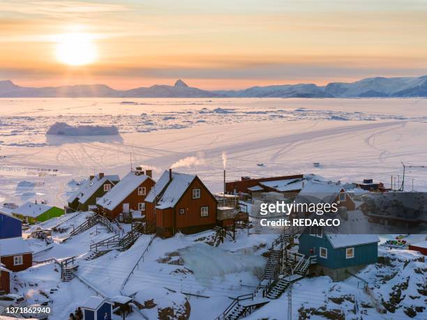 Town Uummannaq during winter in northern Westgreenland beyond the arctic circle, North America, Greenland, Danish territory.