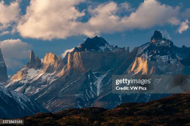 View of the granite towers of Cuernos del Paine. Ultima Esperanza Chile.