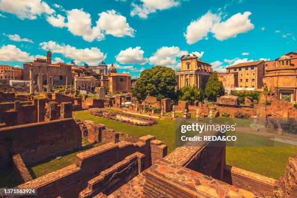 Beautiful panorama view on Altar of the Fatherland and Church of Santi Luca and Martina. Roman Forums and green gardens with roses. Rome. Italy....