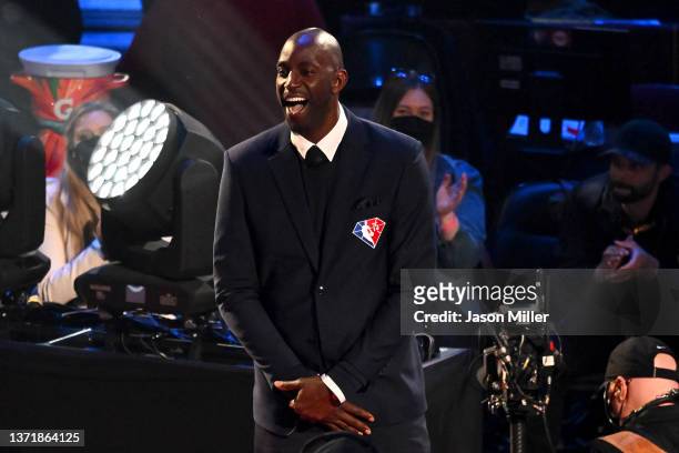 Kevin Garnett reacts after being introduced as part of the NBA 75 anniversary team during the 2022 NBA All-Star Game at Rocket Mortgage Fieldhouse on...