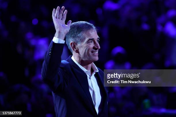 John Stockton reacts after being introduced as part of the NBA 75th Anniversary Team during the 2022 NBA All-Star Game at Rocket Mortgage Fieldhouse...