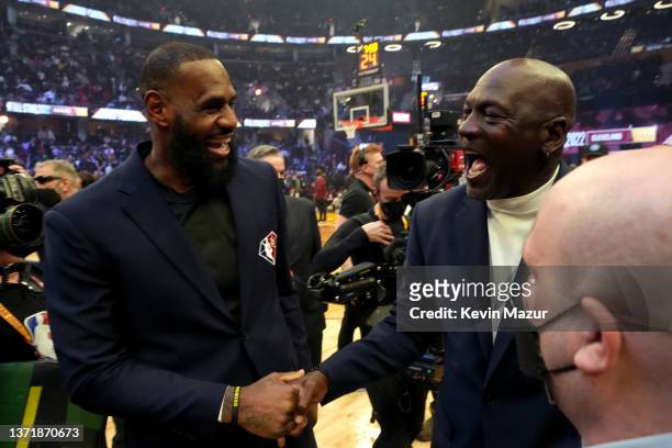 LeBron James and Michael Jordan attend the 2022 NBA All-Star Game at Rocket Mortgage Fieldhouse on February 20, 2022 in Cleveland, Ohio. NOTE TO...