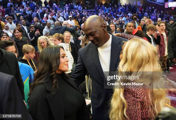 Vanessa Bryant, Michael Jordan, and Mary J. Blige attend the 2022 NBA All-Star Game at Rocket Mortgage Fieldhouse on February 20, 2022 in Cleveland,...