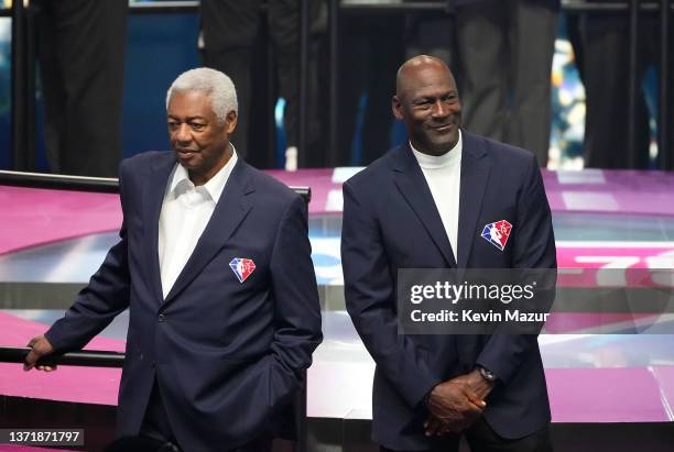 Oscar Robertson and Michael Jordan attend the 2022 NBA All-Star Game at Rocket Mortgage Fieldhouse on February 20, 2022 in Cleveland, Ohio. NOTE TO...