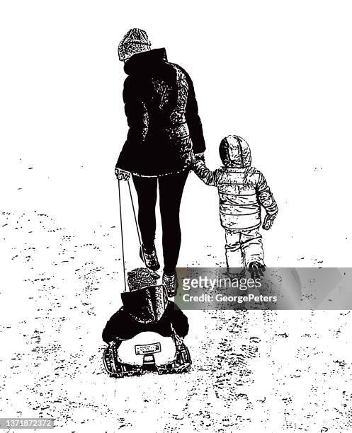 ilustra�ções, clipart, desenhos animados e ícones de mãe puxando crianças em trenó - tobogganing