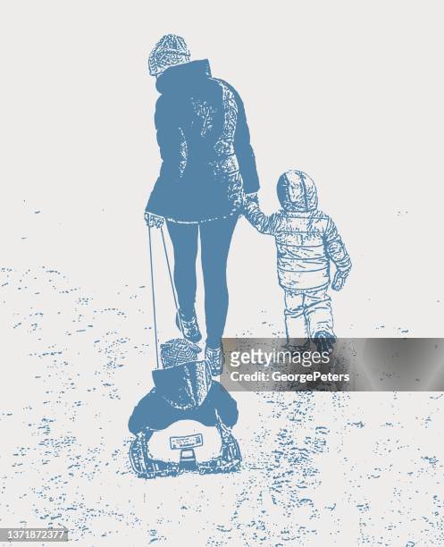 stockillustraties, clipart, cartoons en iconen met mother pulling children on sled - mother daughter