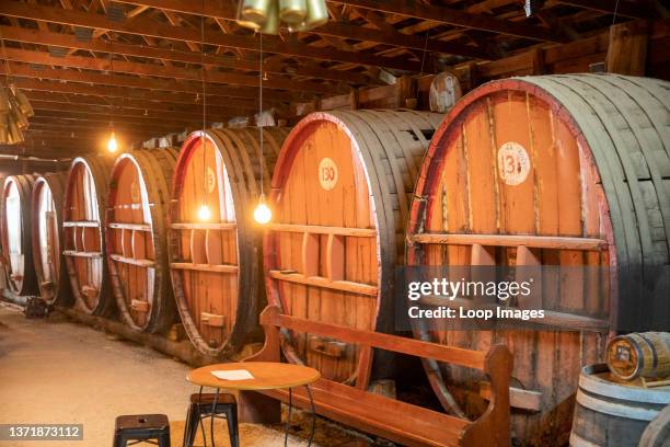 Giant wine casks at an Australian cellar door in Mudgee in Australia.