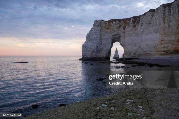 Cliffs of Etretat : the Manneporte sea stack and the Aiguille rock along the cote d'Albatre coastal area .