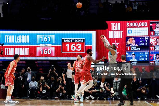 LeBron James of Team LeBron shoots the game winning basket against Team Durant during the 2022 NBA All-Star Game at Rocket Mortgage Fieldhouse on...