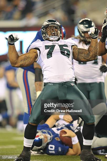 Juqua Parker of the Philadelphia Eagles celebrates during the game against the New York Giants at MetLife Stadium on November 20, 2011 in East...