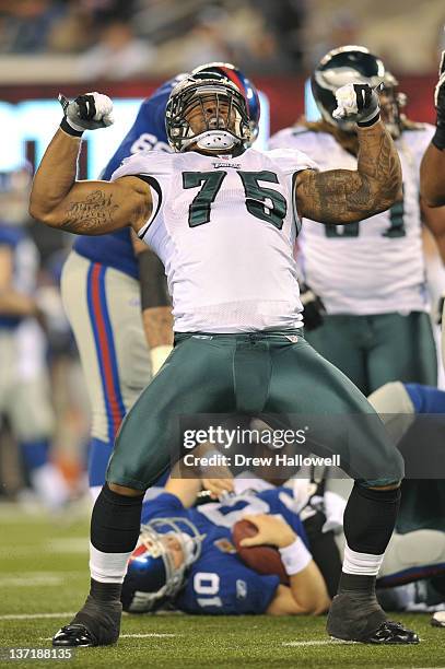 Juqua Parker of the Philadelphia Eagles celebrates during the game against the New York Giants at MetLife Stadium on November 20, 2011 in East...