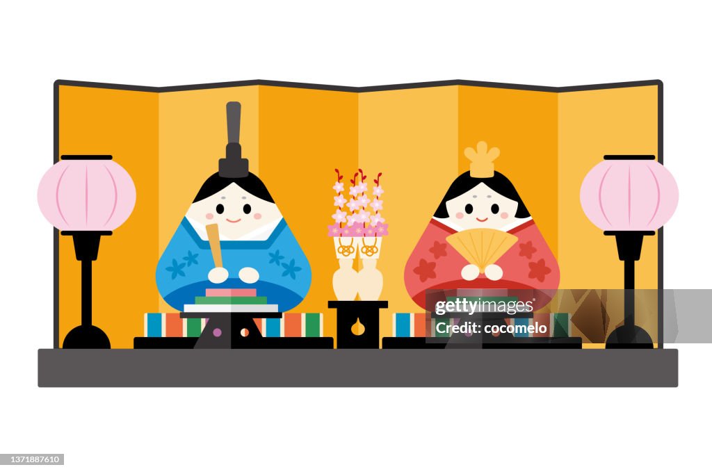 Traditional Japanese Culture, Hinamatsuri. Dolls, Lantern, Rice Cake, Peach Blossom.