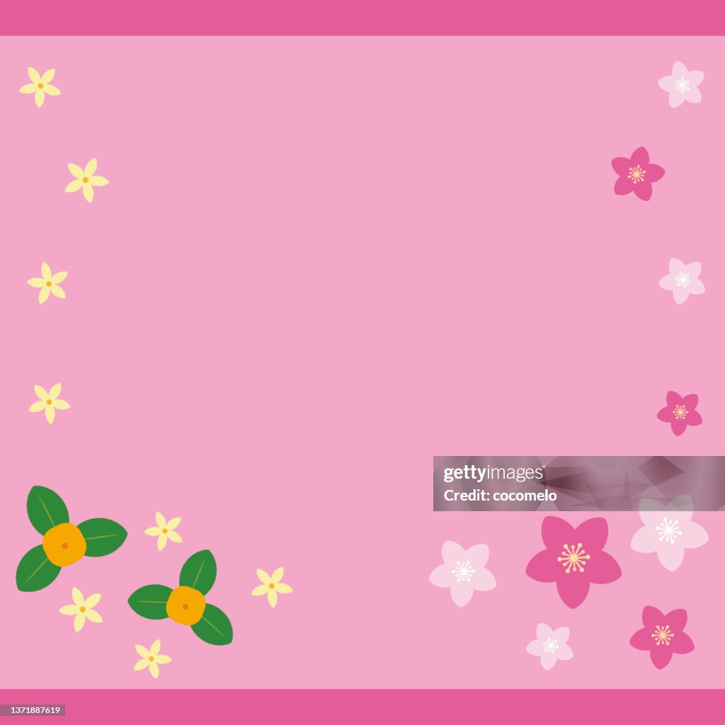 Traditional Japanese Culture, Hinamatsuri. Frame, Citrus Fruit, Citrus Flower, Peach Blossom.