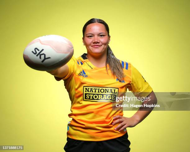 Kaipo Olsen-Baker poses during the Hurricanes Super Rugby Aupiki 2022 headshots session at Rugby League Park on February 19, 2022 in Wellington, New...