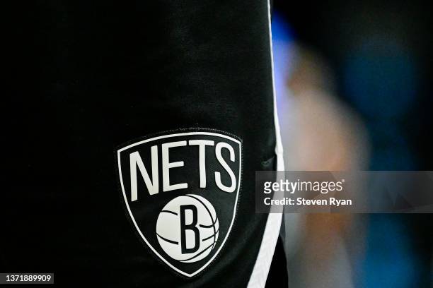 View of the Brooklyn Nets logo on the shorts of a player during the game against the Sacramento Kings at Barclays Center on February 14, 2022 in New...