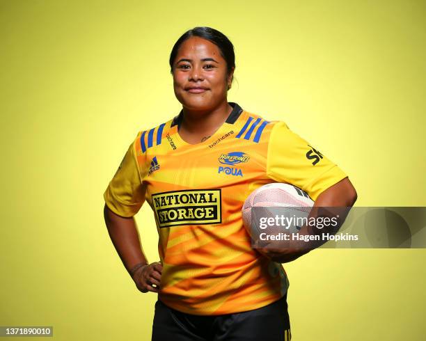 Ayesha Leti-I'iga pposes during the Hurricanes Super Rugby Aupiki 2022 headshots session at Rugby League Park on February 19, 2022 in Wellington, New...