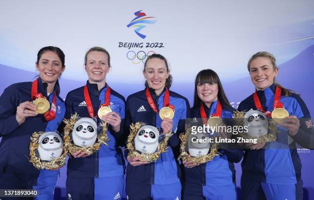 Curlers Eve Muirhead, Vicky Wright, Jennifer Dodds , Hailey Duff, and Milli Smith of Team Great Britain attend a press conference after winning the...