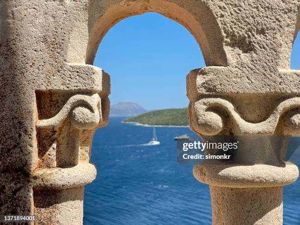 view from bell tower arch - korcula island stock pictures, royalty-free photos & images