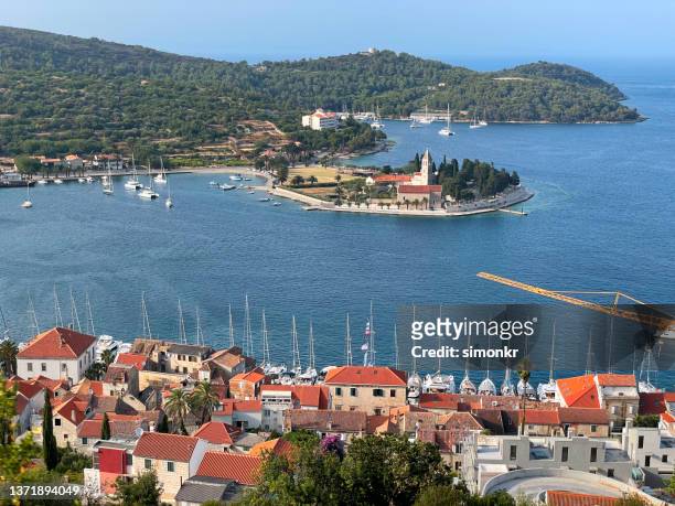 bell tower in adriatic sea - fishing village stock pictures, royalty-free photos & images