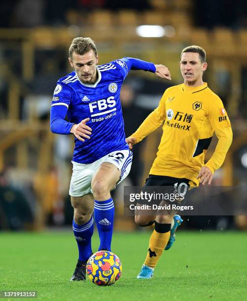 Kiernan Dewsbury-Hall of Leicester City moves away from Daniel Podence during the Premier League match between Wolverhampton Wanderers and Leicester...