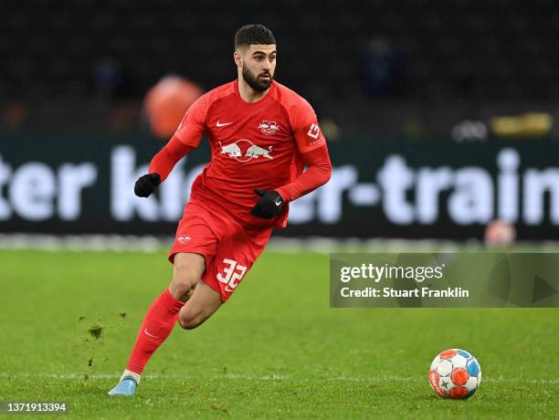 Josko Gvardiol of Leipzig in actio during the Bundesliga match between Hertha BSC and RB Leipzig at Olympiastadion on February 20, 2022 in Berlin,...