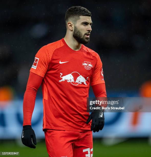 Josko Gvardiol of RB Leipzig looks on during the Bundesliga match between Hertha BSC and RB Leipzig at Olympiastadion on February 20, 2022 in Berlin,...