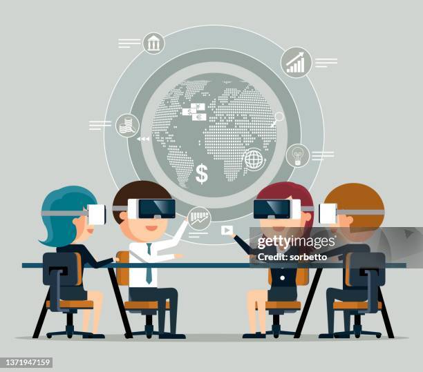 business team wear vr glasses in virtual reality conference - virtual press conference stock illustrations