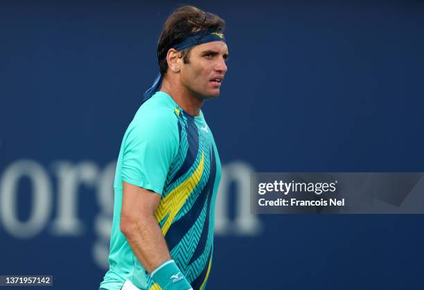 Malek Jaziri of Tunisia in action against Filip Krajinovic of Serbia during day eight of the Dubai Duty Free Tennis at Dubai Duty Free Tennis Stadium...