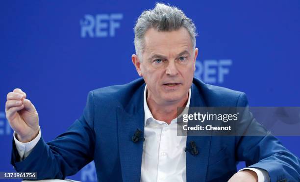 French Communist Party leader and candidate for the 2022 presidential election Fabien Roussel presents his economic campaign program to the French...