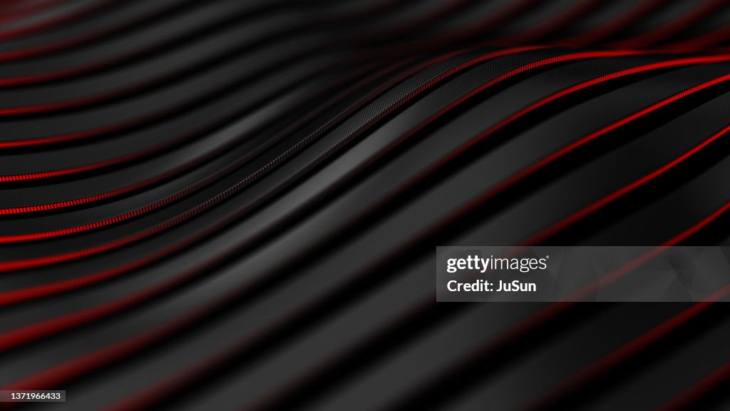 Fundo de movimento de fibra de carbono negro. Tecnologia ondulada linha com luz vermelha brilhante 3d ilustração.