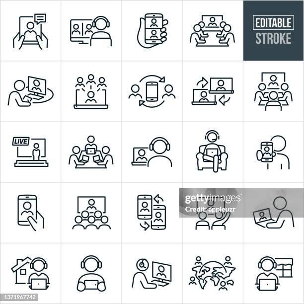 illustrations, cliparts, dessins animés et icônes de vidéoconférence fine line icons - course modifiable - utiliser un téléphone