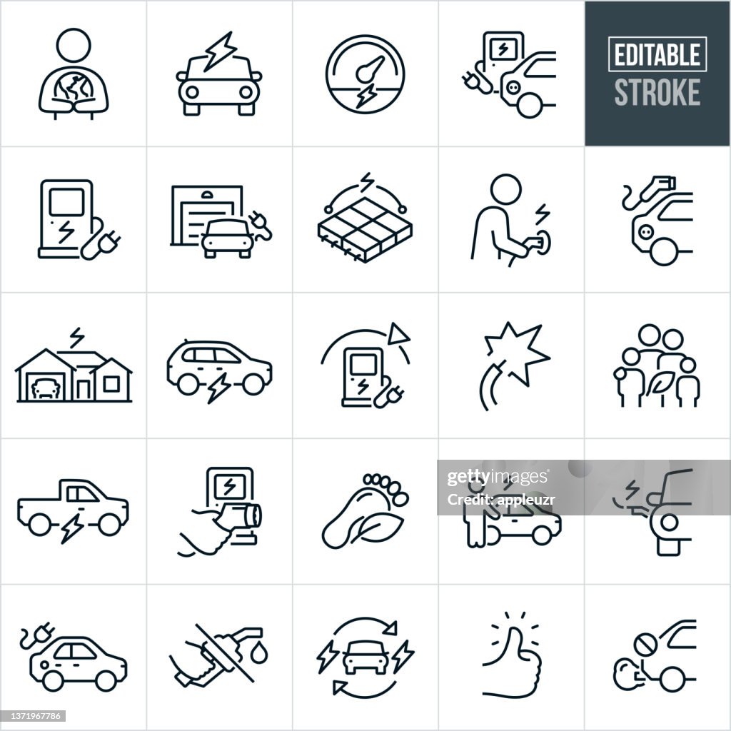 Electric Vehicle Thin Line Icons - Editable Stroke