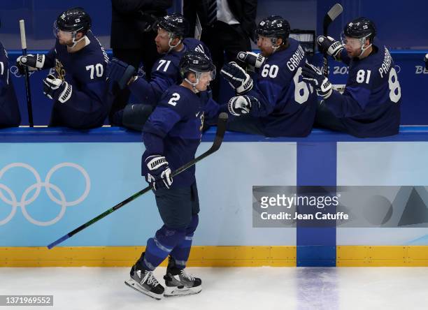 Ville Pokka of Finland celebrates his goal with teammates during the Gold Medal game between Team Finland and Team ROC on Day 16 of the Beijing 2022...