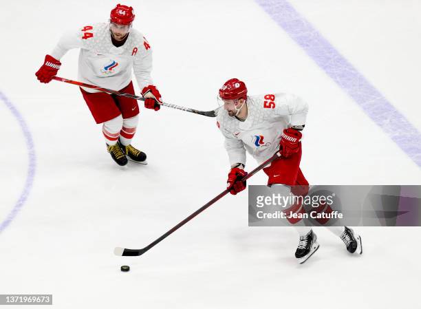 Anton Slepyshev, Yegor Yaovlev of Russia during the Gold Medal game between Team Finland and Team ROC on Day 16 of the Beijing 2022 Winter Olympic...