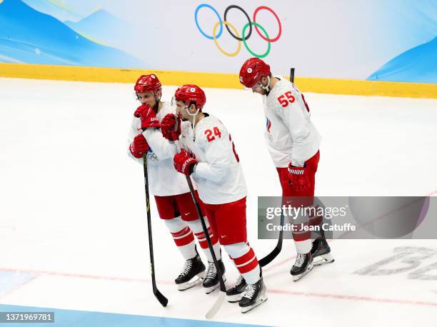 Players of Team ROC are dejected following their defeat in the Gold Medal game between Team Finland and Team ROC on Day 16 of the Beijing 2022 Winter...